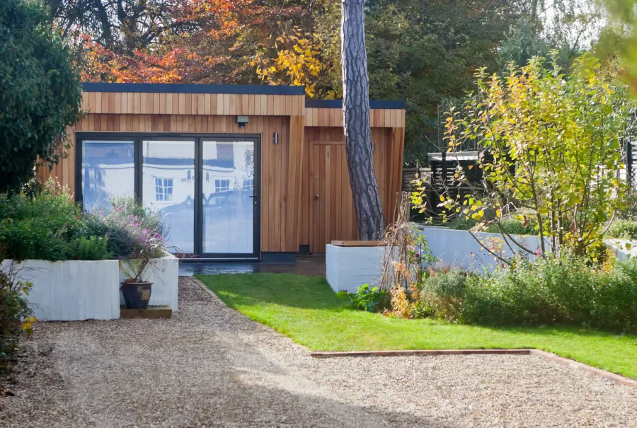 Completed detached garden suite in a GTA backyard, a self-contained backyard home built by Home Garden Suites