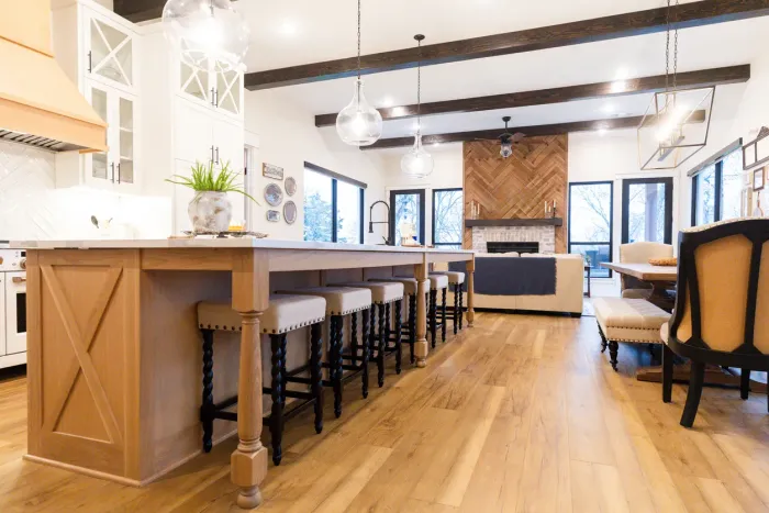 Compact open-concept kitchen and living space inside a custom garden suite in Toronto